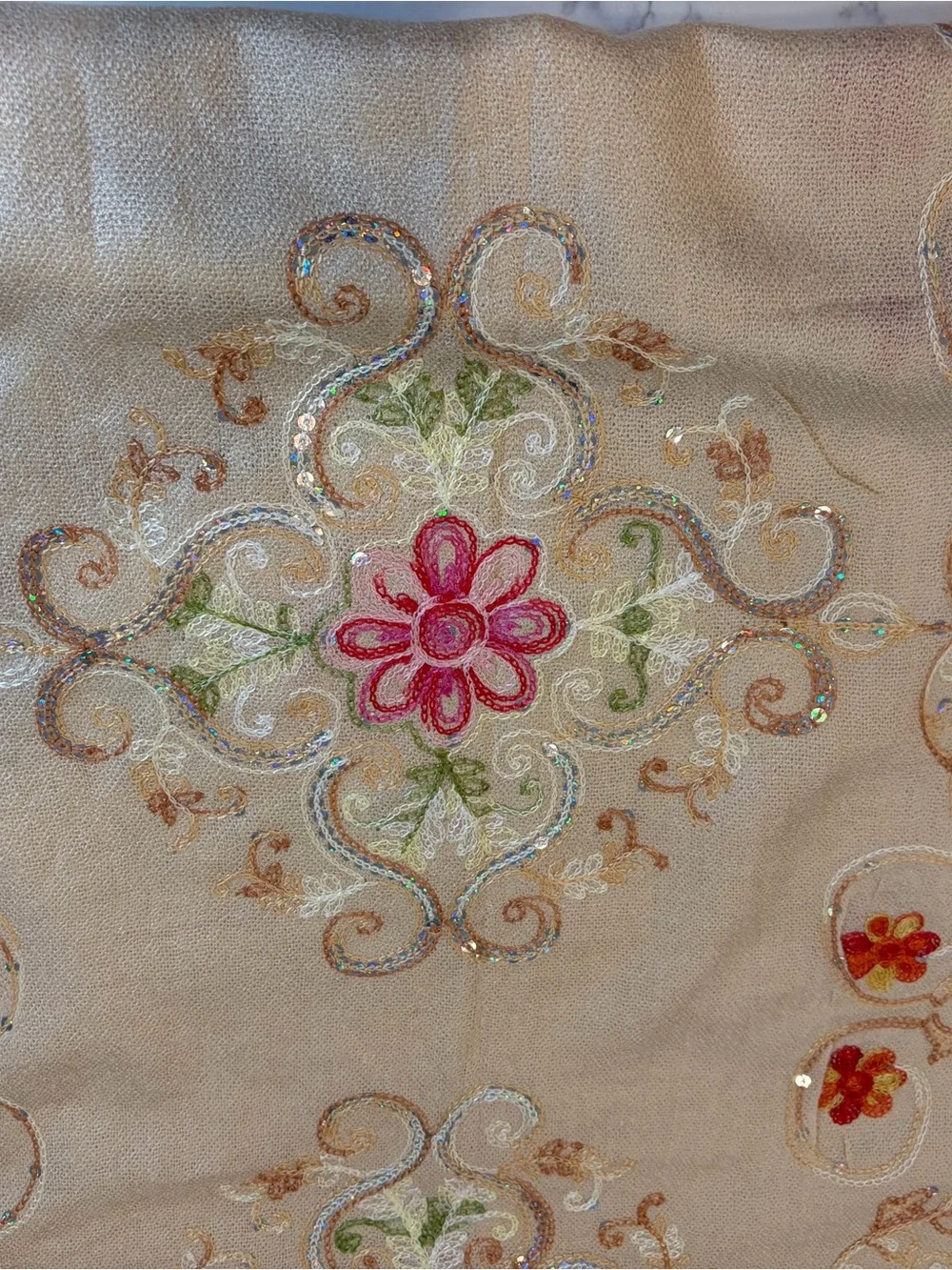 Embroidered Floral Beige shawl/scarf Accented with Pink Flowers and sequins